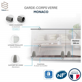 Garde-corps verre pinces alu Monaco 3m | Kit sécurisé