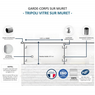 Garde-corps vitré sur muret Tripoli sur mesure