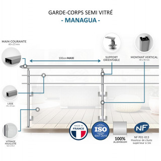 Garde-corps Aluminium Semi-vitré Managua | Fabrication Française