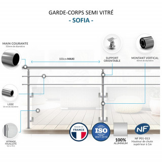 Garde-corps alu semi-vitré Sofia profil rond sur mesure