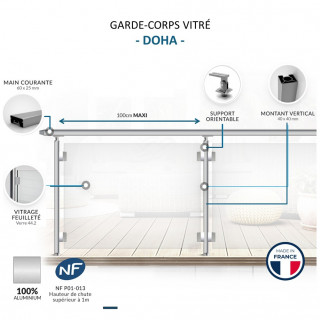 Garde-corps alu vitré Doha profil carré sur mesure