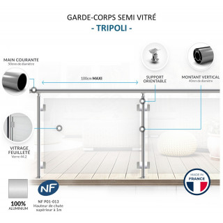 Garde-corps alu vitré Tripoli profil rond sur mesure
