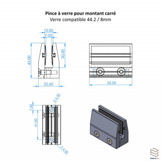 Pince à Verre Poteau Carré | Garde-Corps Verre Aluminium